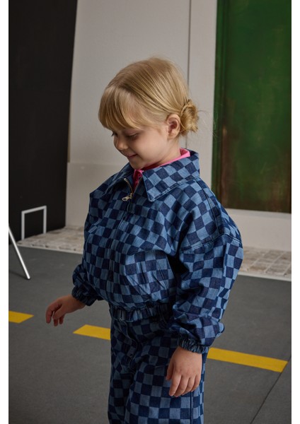 Kareli Bomber Denim Ceket Koyu Mavi fırsatları