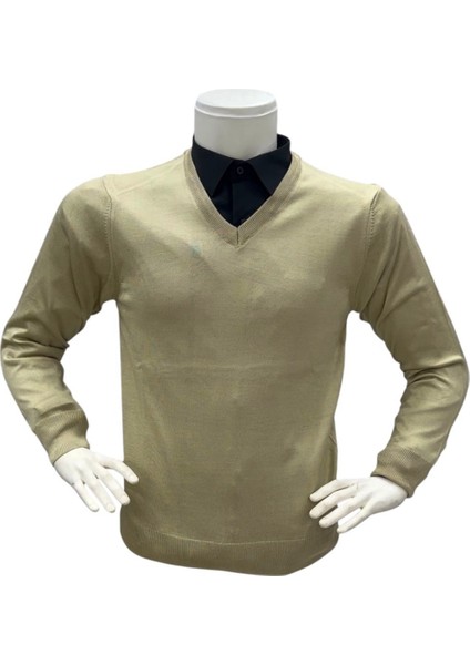 Erkek Regular Fit Düz V Yaka Yünlü Triko Kazak