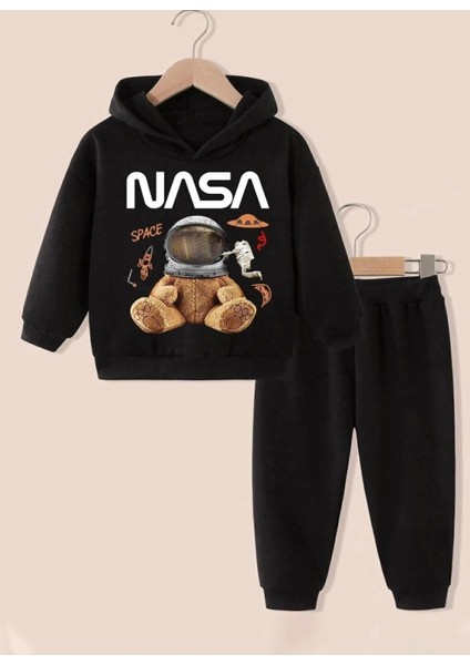 Punıx Kıds Özel Üretim %100 Pamuk Nasa Minik Astronot Baskılı Kapüşonlu Kışlık Erkek Çocuk Eşofman Takımı