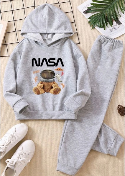 Punıx Kıds Özel Üretim %100 Pamuk Nasa Minik Astronot Baskılı Kapüşonlu Kışlık Erkek Çocuk Eşofman Takımı