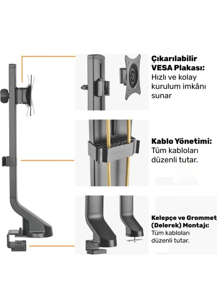 STD2101B 17"-32" Vesa Uyumlu 180° Yükseklik Ayarlı Kablo Yönetimli Tekli Monitör Standı indirimleri