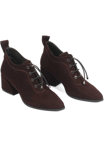 Kadın Kahverengi Kalın Topuklu Süet Deri Ayakkabı
