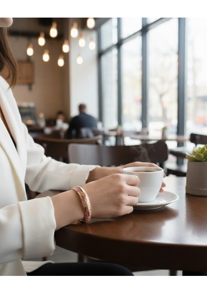 Gold Kaplama Mineli Papatya Desenli Kelepçe, Vintage Tek Taşlı Pembe Kadın Bileklik