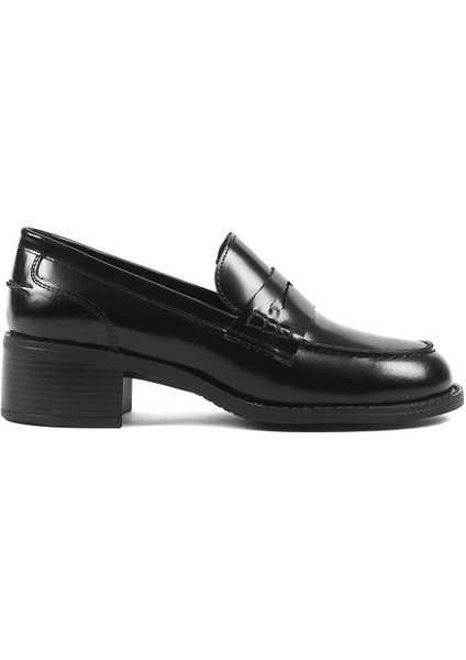 Kadın Siyah Kalın Topuklu Açma Deri Klasik Ayakkabı