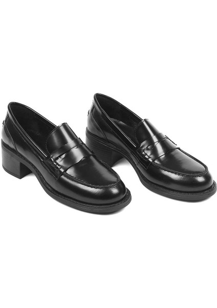 Kadın Siyah Kalın Topuklu Açma Deri Klasik Ayakkabı
