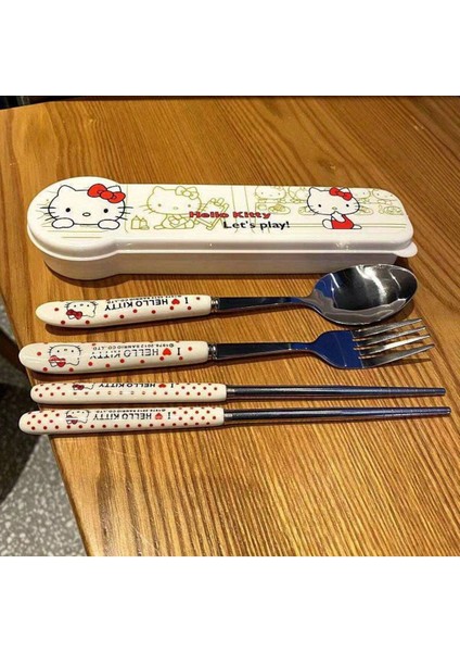 Hello Kitty Figürlü Paslanmaz Çelik Kutulu Çatal Kaşık Chopstick Seti AD59921