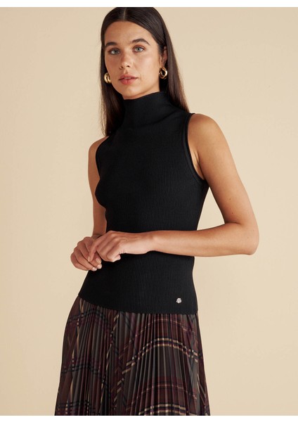 Balıkçı Yaka Standart Siyah Kadın Kazak Balıkçı Yaka Kolsuz Rayon Kazak