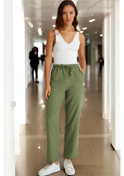 Beli Bağcıklı Yazlık Kadın Keten Pantolon