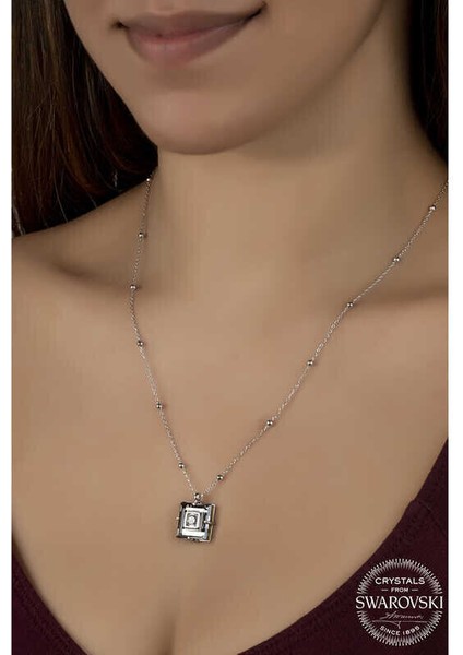 Ucarticaret Swarovski Crystal Taşlı Top Zincir Siyah Elmas Gümüş Kadın Kolye