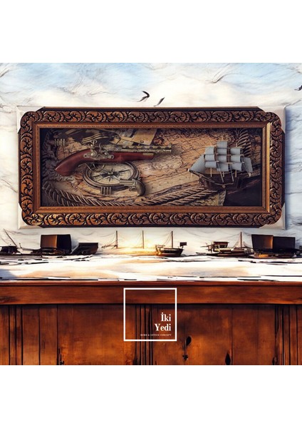 Pedro-M 77-2 Antika Silah Tablosu Yelkenli Gemi ve Dünya Haritası Temalı Lüks Duvar Dekoru