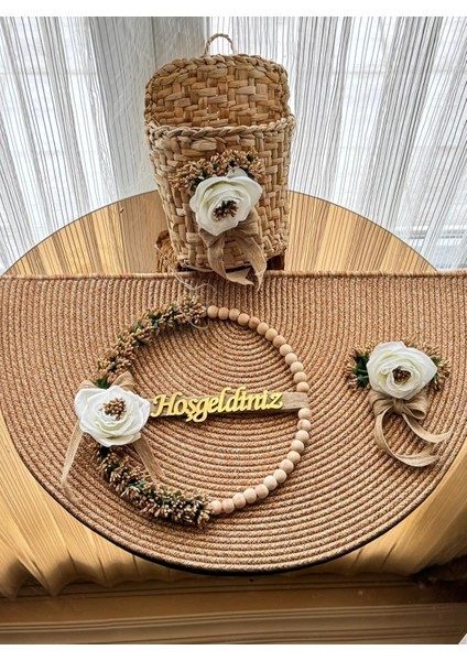 Gold Tasarım Rustik Karşılama Seti (Kapı Süsü + Tasarım Paspas + Dekoratif Sepet)