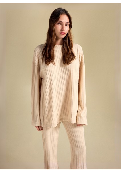 Bisiklet Yaka Loose Fit Armürlü Bej Kazak Kadın PBF5WL-KZK9529