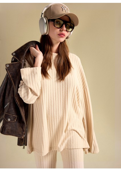 Bisiklet Yaka Loose Fit Armürlü Bej Kazak Kadın PBF5WL-KZK9529 fırsatları