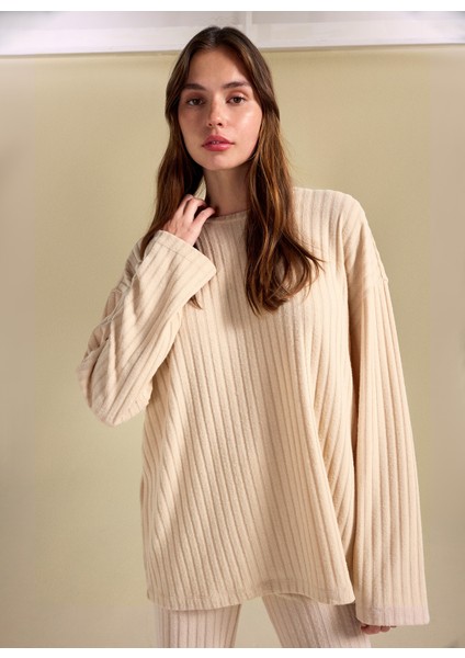 Bisiklet Yaka Loose Fit Armürlü Bej Kazak Kadın PBF5WL-KZK9529 indirimleri