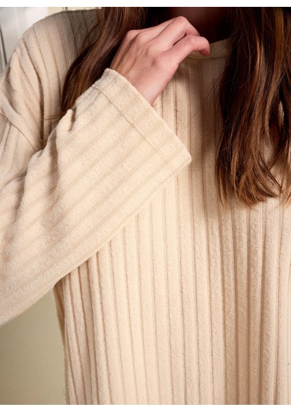 Bisiklet Yaka Loose Fit Armürlü Bej Kazak Kadın PBF5WL-KZK9529