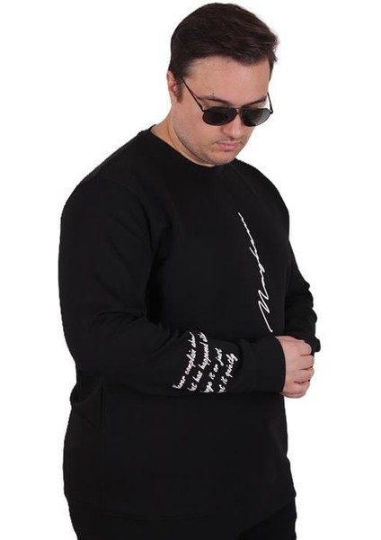 Büyük Beden Bisiklet Yaka Sweat Double Face 25707 Sıyah