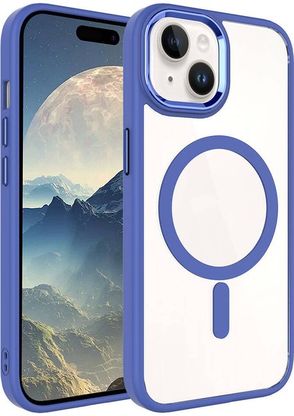 iPhone 15 Plus Uyumlu Wireless Şarj Özellikli Spıa Krom Magsafe Silikon Kapak-Mavi