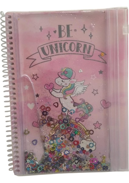 A5 Boy Simli ve Sulu Şeffaf Kalemlikli Defter Unicorn