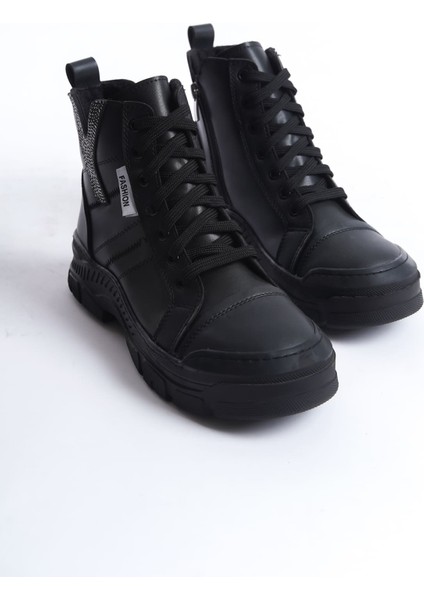 Anny Bağcıklı Fermuarlı Ortopedik Taban Suya ve Soğuğa Dayanıklı Cilt Kadın Spor Bot St Siyah