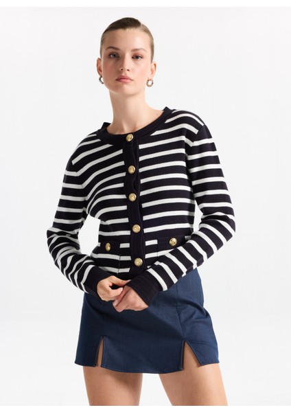 Lacivert - Beyaz Kadın Hırka F5WL-HRK0017