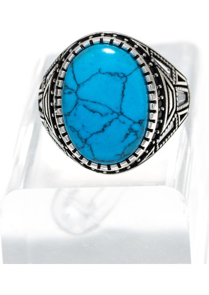 Turkuaz Taşlı 925 Ayar Gümüş Erkek Yüzük – Modern ve Canlı Tasarım