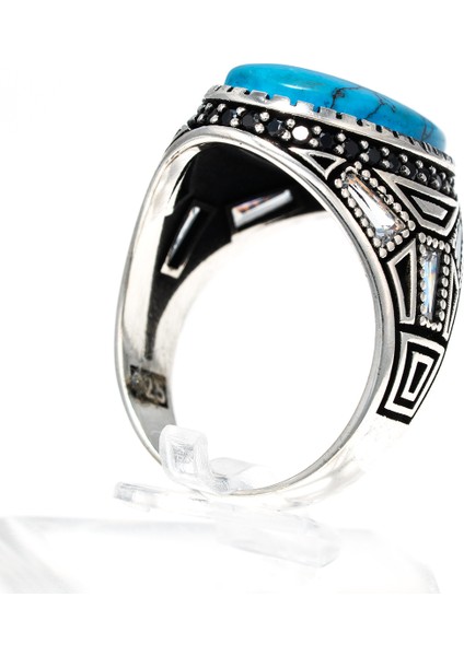 Turkuaz Taşlı 925 Ayar Gümüş Erkek Yüzük – Modern ve Canlı Tasarım indirimleri