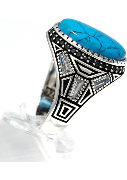Turkuaz Taşlı 925 Ayar Gümüş Erkek Yüzük – Modern ve Canlı Tasarım
