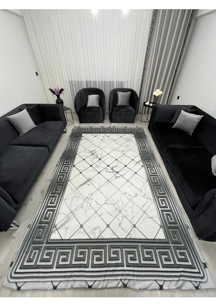 Mermer Desen Yunan Motifli Halı Örtüsü Gri Beyaz *kaymaz Tabanlı Yıkanabilir*