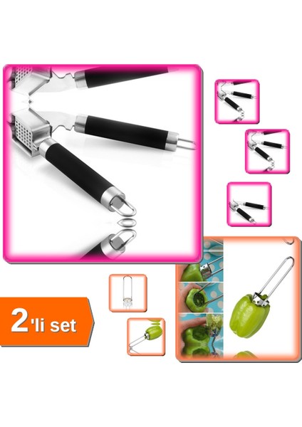 Lüx Çelik Sarımsak Ezici + Biberoy Pratik Dolma Biber Oyacağı - 2li Set ZY123
