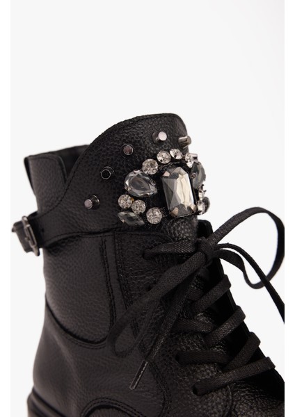 Kadın Siyah Hakiki Deri Taş Detaylı Bot modelleri