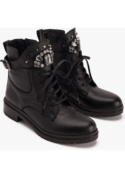Kadın Siyah Hakiki Deri Taş Detaylı Bot