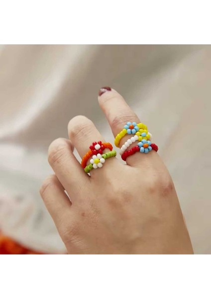 5 Adet Renklı Cıcek Detaylı Papatya Yuzuk