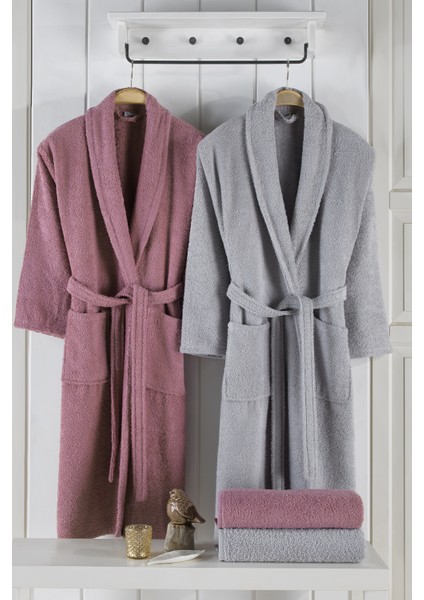 Naturel Bornoz Aile Seti %100 Pamuk 4 Parça Gülkurusu