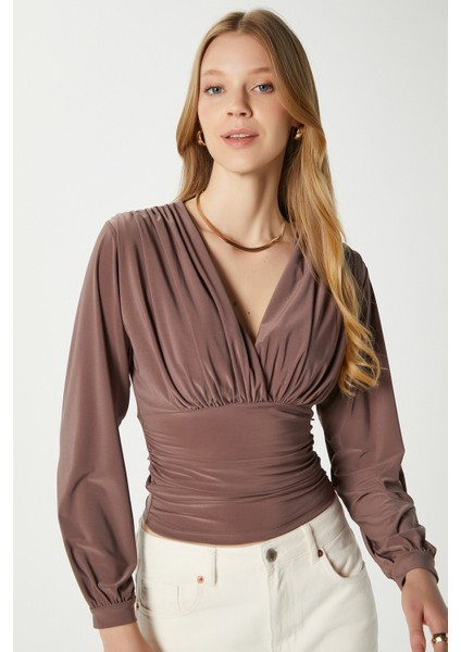 Kadın Sante V Yaka Vizon Yumuşak Sandy Bluz