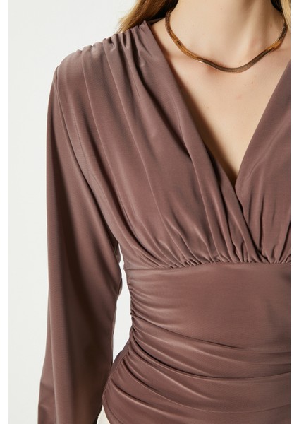 Kadın Sante V Yaka Vizon Yumuşak Sandy Bluz modelleri