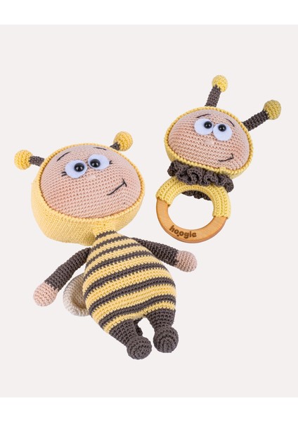 Bee Happy 2’li Arı Amigurumi Oyuncak Seti – Doğal Pamuklu & Ahşap Bebek Oyuncak & Çıngırağı | Hoogie Premium Baby
