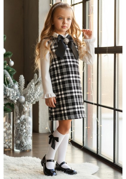 VANESSA Kız Çocuk Elbise Uzun Kol Bisiklet Yaka Siyah Renkli Broş ile