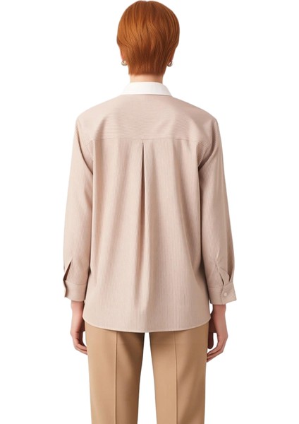 Kadın Için Çizgili Desenli Dokuma Gömlek Rahat Kesimi ve Yaka Detaylarıyla Şıklık Sunar Şık indirimleri