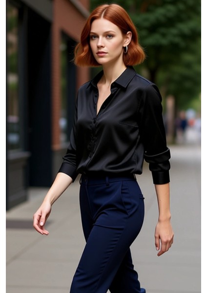 Kadın Için Şık Dokuma Saten Gömlek Regular Kalıp Uzun Kollu Zamansız Tasarım ve Konfor Spor