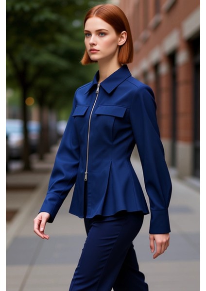 Gabardin Dokuma Fermuar Detaylı Kadın Gömleği Uzun Kollu Regular Kesim Şıklık ve Konfor Şık