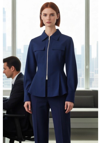 Gabardin Dokuma Fermuar Detaylı Kadın Gömleği Uzun Kollu Regular Kesim Şıklık ve Konfor Şık modelleri