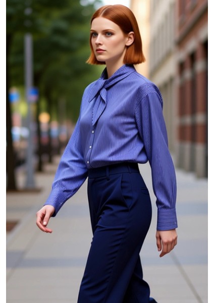Kadın Çizgili Fular Yaka Gömlek Fonksiyonel Dayanıklı Kaliteli Konforlu Estetik Premium Şık