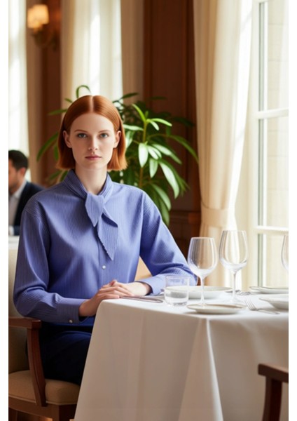 Kadın Çizgili Fular Yaka Gömlek Fonksiyonel Dayanıklı Kaliteli Konforlu Estetik Premium Şık fiyatları