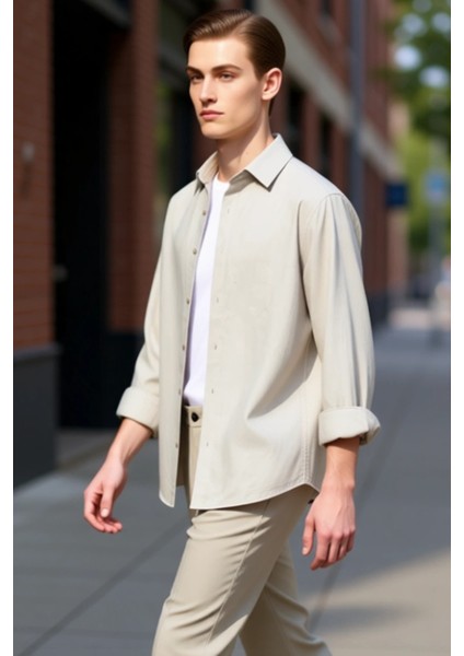 Erkek Müslin Dokuma Oversize Fit Gömlek Yaka Uzun Kollu Gömlek Gündelik Konfor ve Şık Stil indirimleri