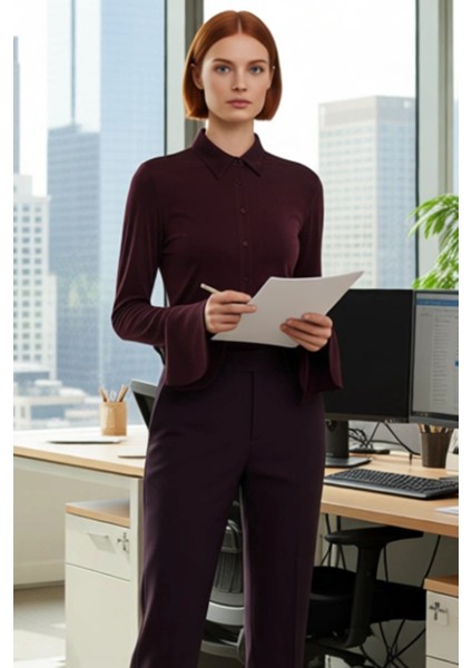 Kadın Düğmeli Örme Gömlek Yaka Uzun Ispanyol Kol Parlak Yüzeyli Yumuşak Dokulu Bluz Modern fırsatları