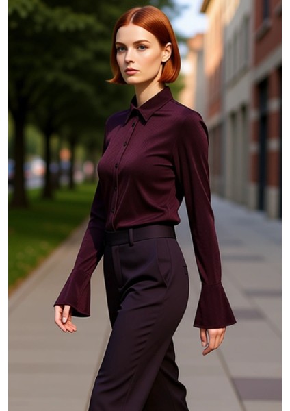 Kadın Düğmeli Örme Gömlek Yaka Uzun Ispanyol Kol Parlak Yüzeyli Yumuşak Dokulu Bluz Modern indirimleri