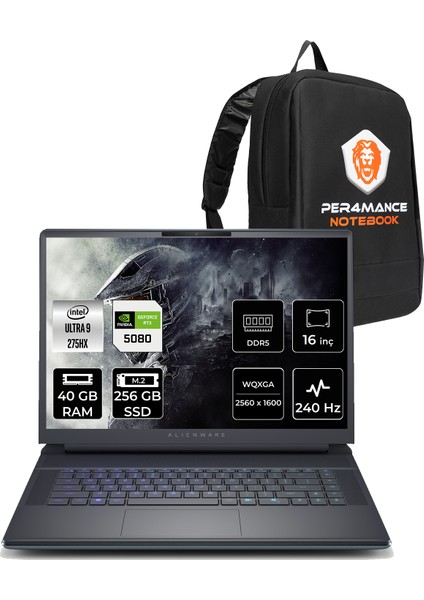 Alienware 16 Area-51 Intel Core Ultra 9 275HX 40GB 256GB SSD RTX5080/16GB 175W 16" Qhd+ 240Hz Fdos Taşınabilir Bilgisayar & Per4 Çanta AA16250U932180WP329