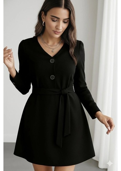 Kadın Uzun Kollu Düğme Detaylı Kendinden Kemerli Ithal Krep Elbise