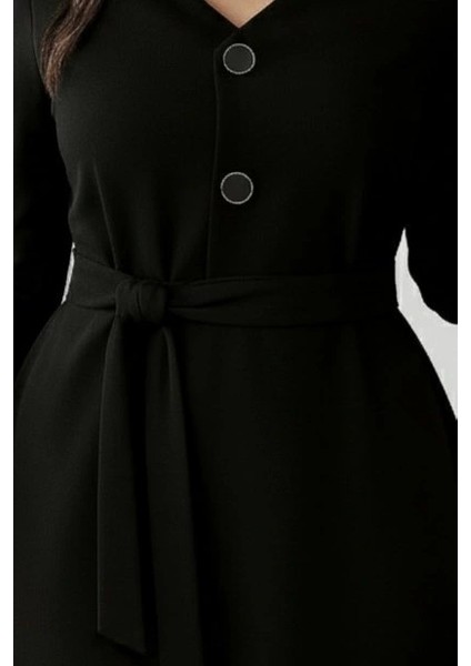 Kadın Uzun Kollu Düğme Detaylı Kendinden Kemerli Ithal Krep Elbise fiyatları