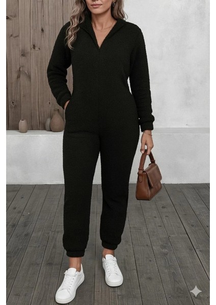 Kadın Uzun Kollu Kapüşonlu Tavşan Kulak Detaylı Peluş Tulum